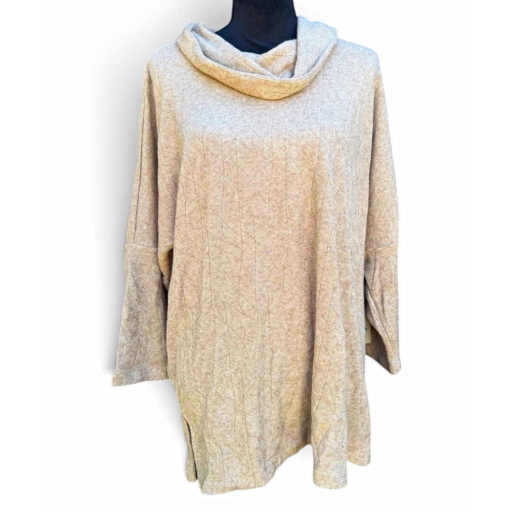 Ali Miles Women XL Cowl Neck Tunic Sweater Beige Sparkle Buttons 3/4 Sleeve NWT